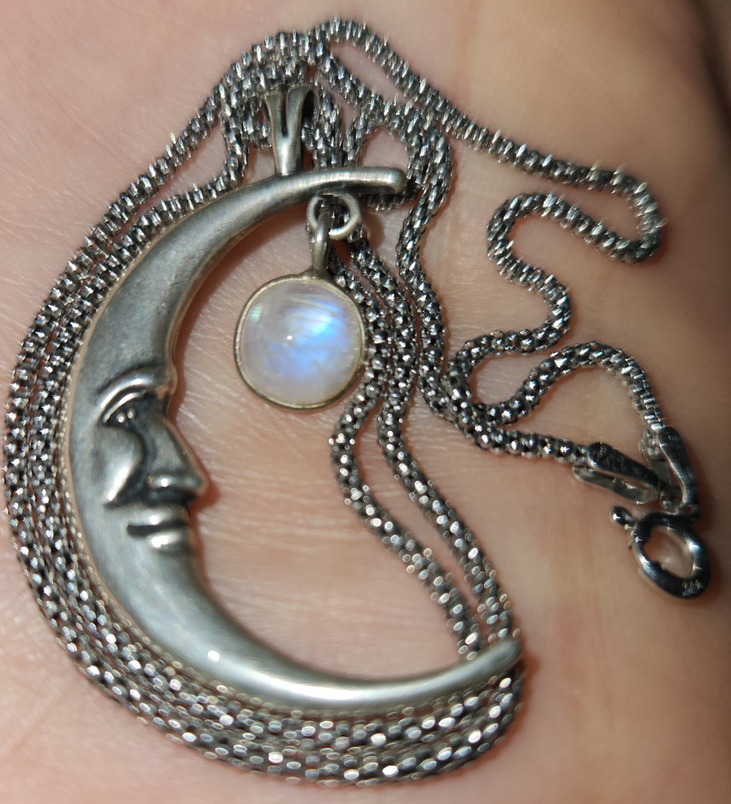 STERLING SILVER CRESCENT MOONSTONE CABOCHON/POPCORN CHAIN NECKLACE MADE ITALY