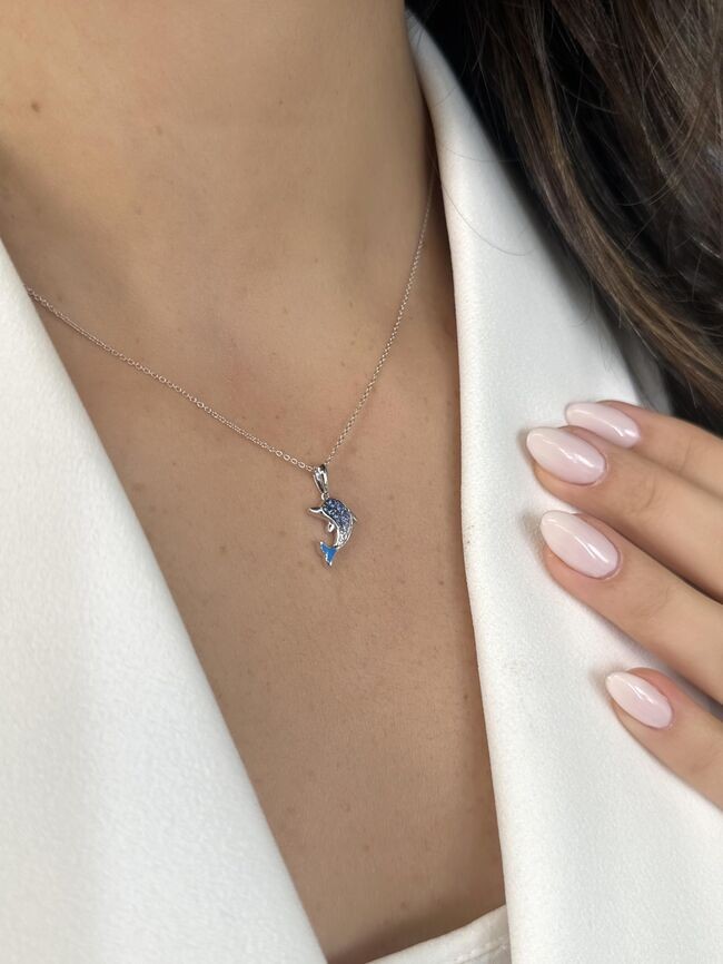 LeVian 14K White Gold 18″ Pendant Necklace with 0.17 ct. Blue Enamel & Sapphire