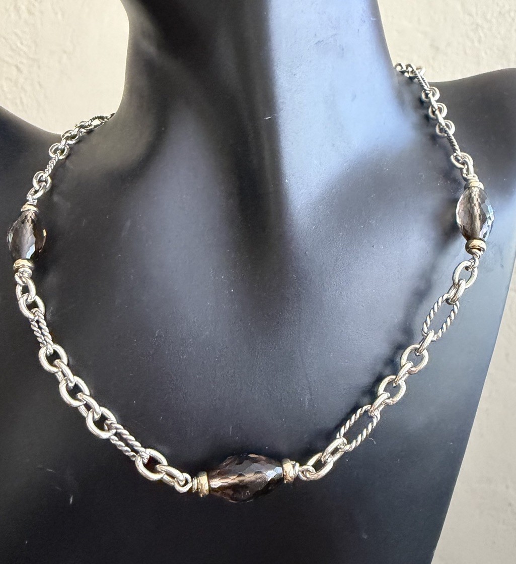 David Yurman Sterling Silver 925/18K Smoky Quartz Chain Necklace﻿