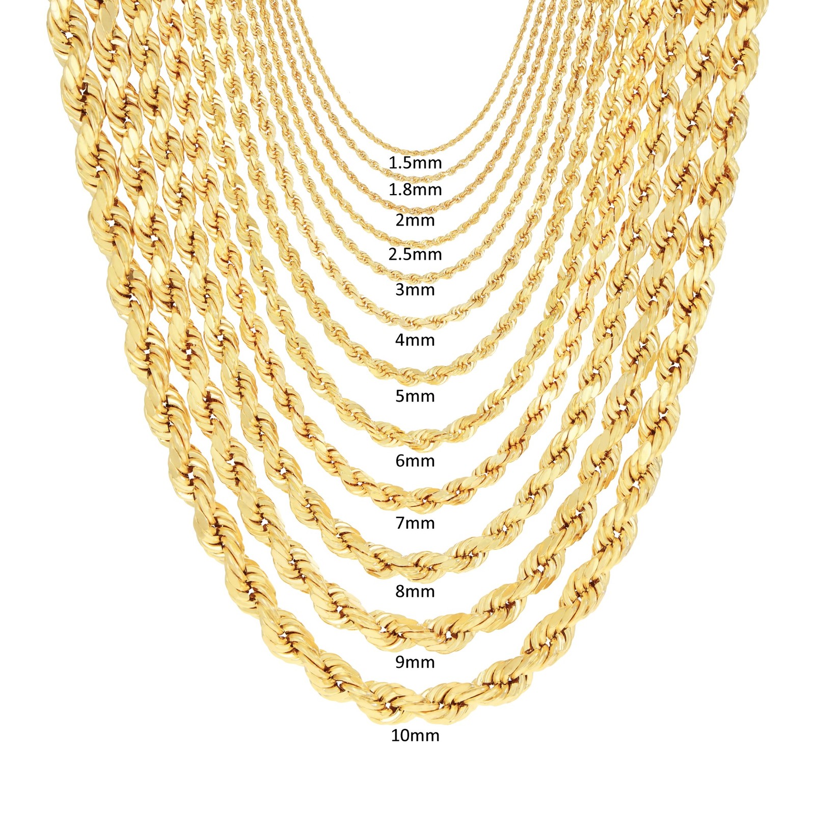 14K Yellow Gold Diamond Cut Rope Chain Necklace 1.5mm – 5mm, Men Women 16″- 30″
