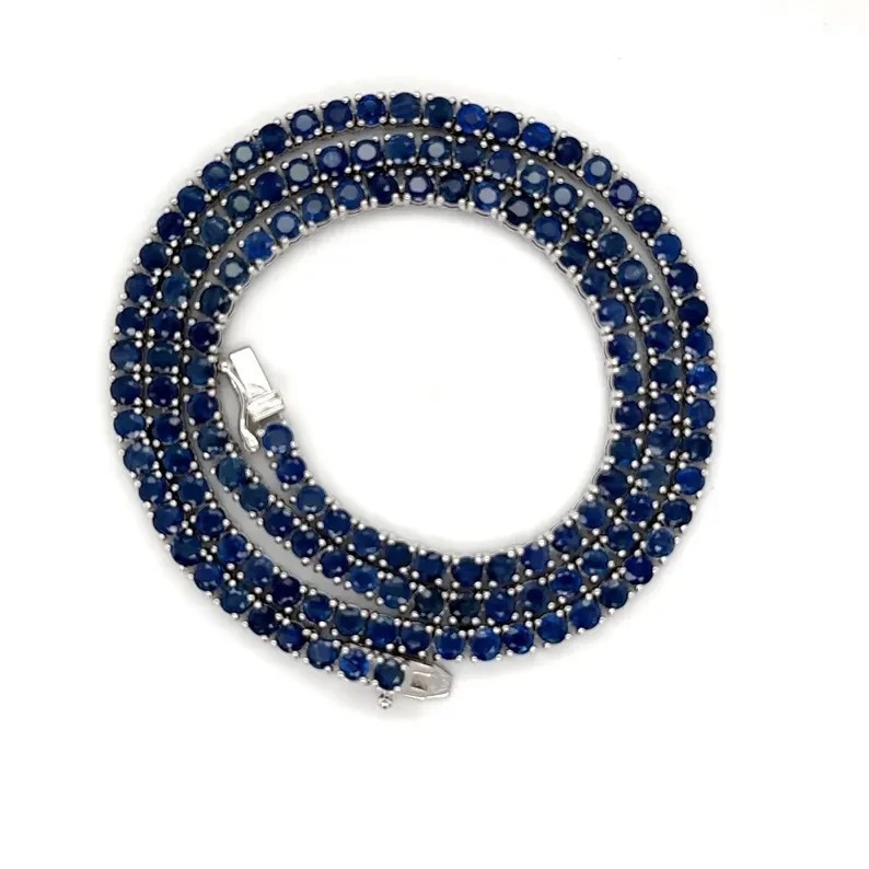 6mm Round Lab Created Blue Sapphire Tennis Necklace 14K White Gold Plated 18″in