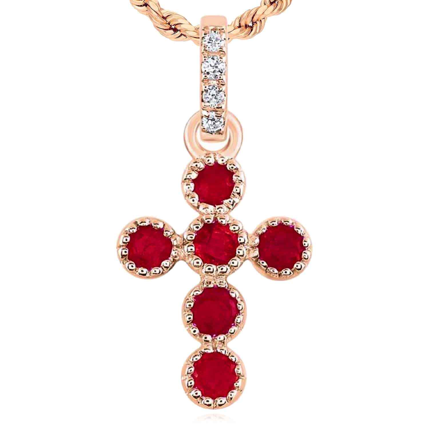 0.11CTW Real Diamond Ruby 14K Rose Gold Cross Pendant 0.55″