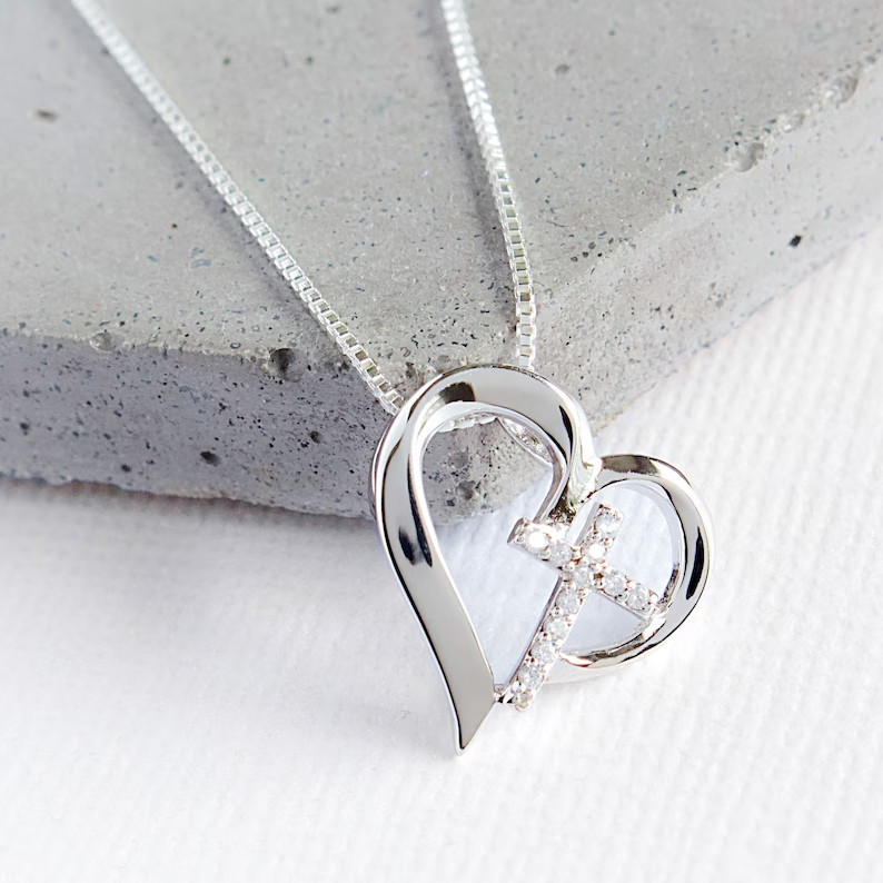 925 Silver 1.00 Ct Lab Created Diamond Cross and Heart Necklace White Gold Over