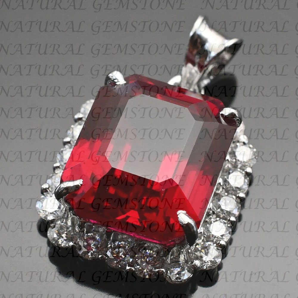 7.00Crt Emerald Shape Natural Garnet and Diamond Pendant 18K White Gold Plated