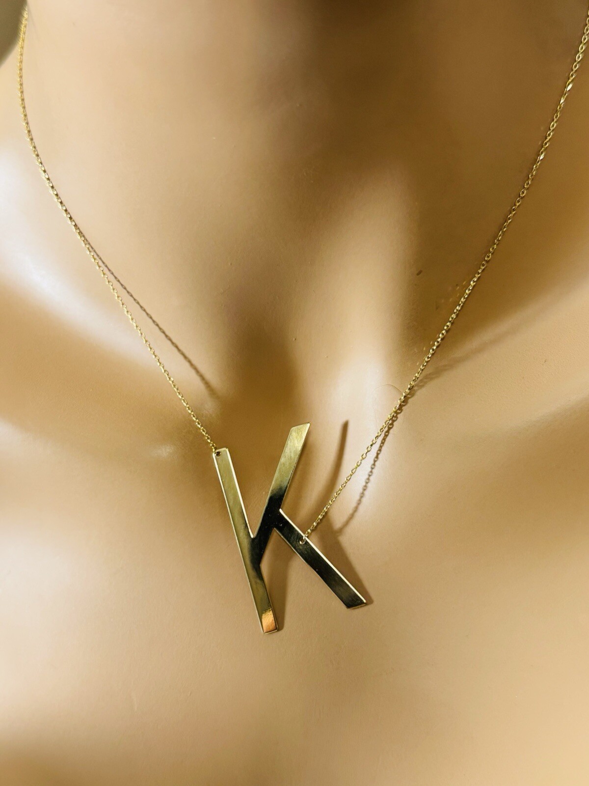 18K 750 18C Gold Letter K initial Necklace 16.5/17.5” Long 1mm 4.1g