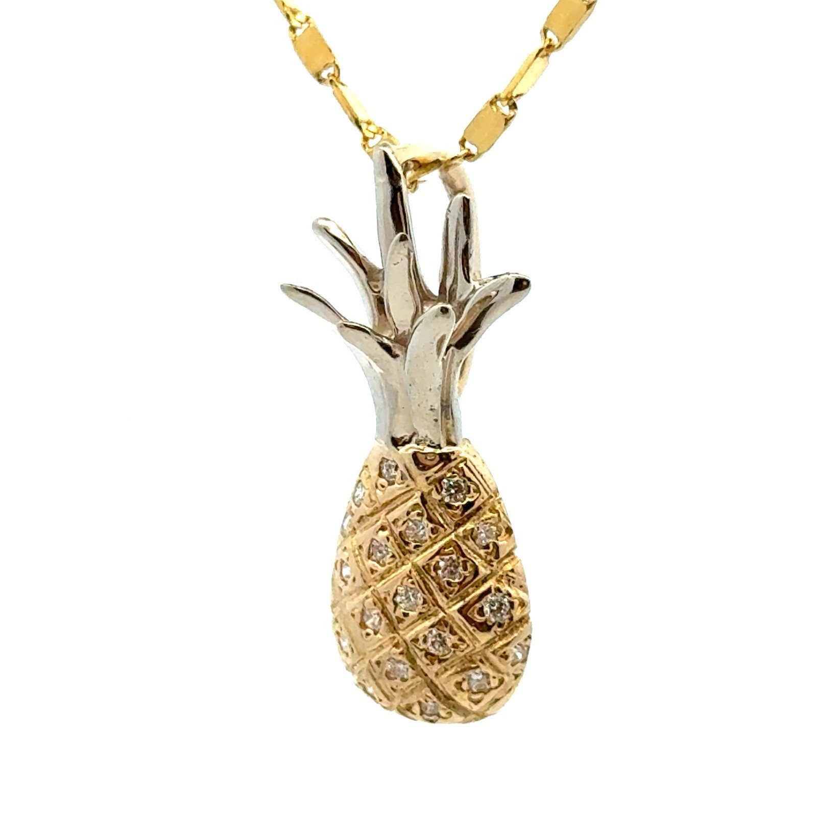 14KT TWO-TONE GOLD .19CT DIAMOND PINEAPPLE PENDANT 3.4 GRAMS