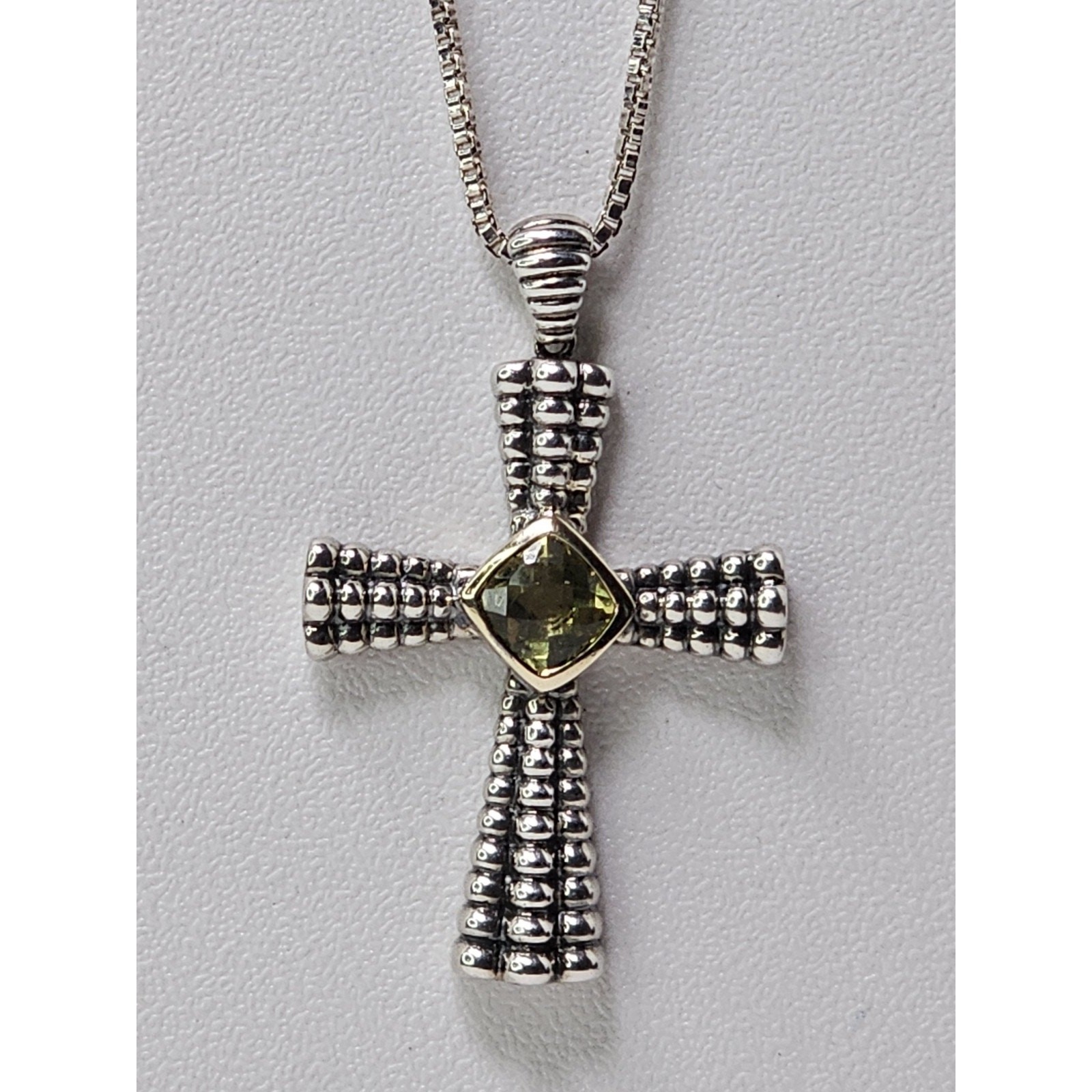 925 Sterling Silver & 14K Yellow Gold – Peridot Cross Pendant W/ 24″ Box Chain