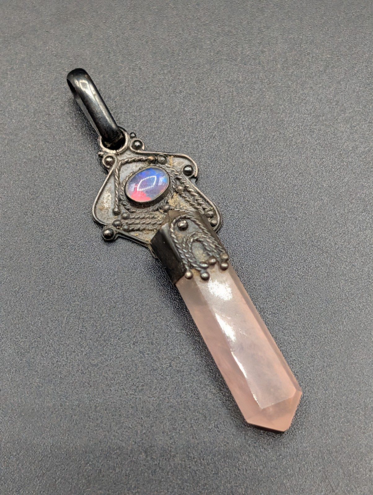 Unique Oxydised Sterling Silver Rose Quartz Point Ornate Pendant
