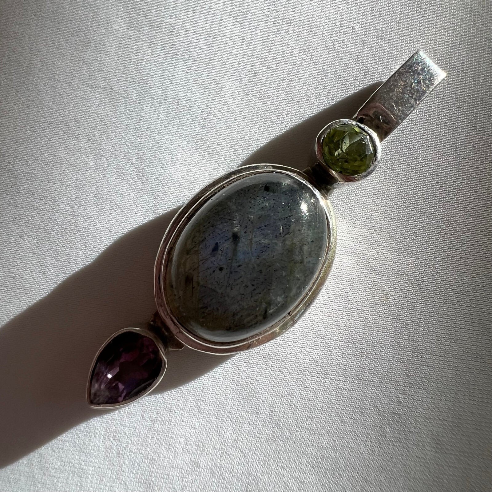 Labradorite Peridot Amethyst Gem Stone Made in India Silver Estate Pendant