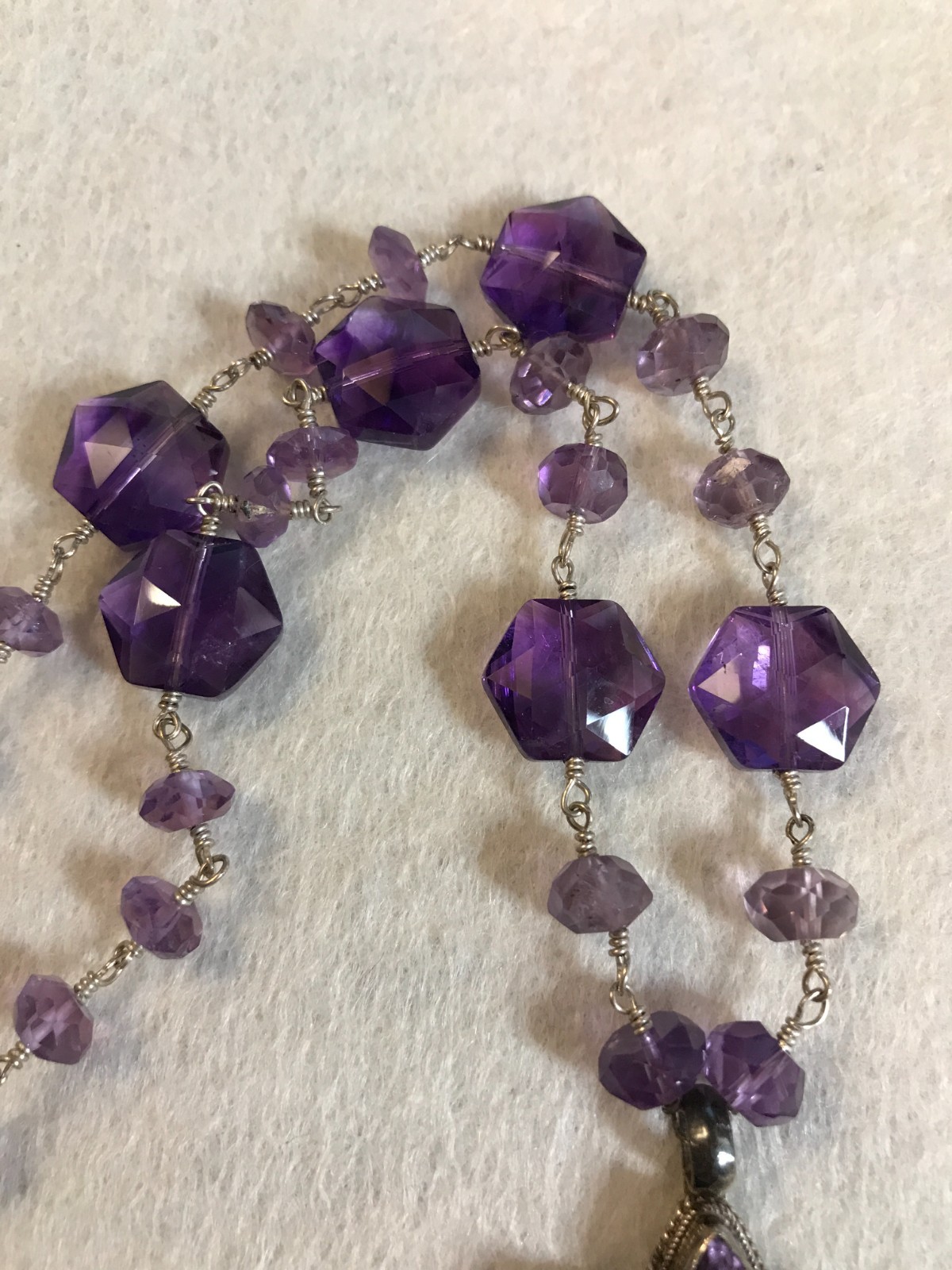 Vintage Faceted Amethyst Flower 16″ Sterling Silver Toggle Necklace Unknown Mark