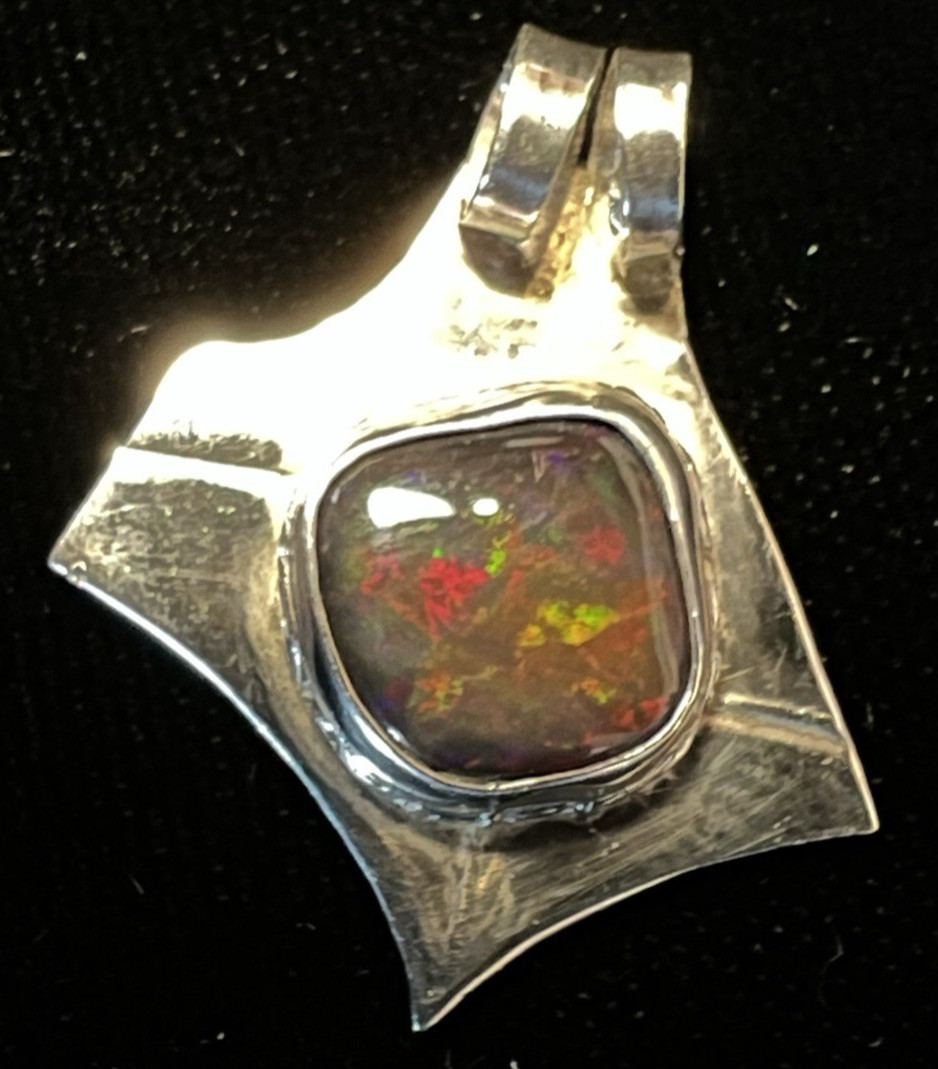 Gorgeous Australian Black Opal .Sterling Silver Pendant – Tons of FIRE + COLOR!!