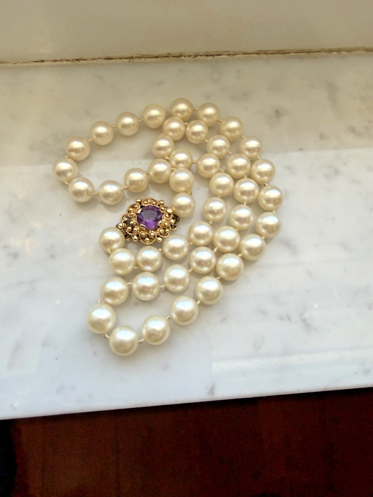 Saltwater Pearls Strand With 14 Karat Gold Amethyst Clasp Vintage Jewelry Nice
