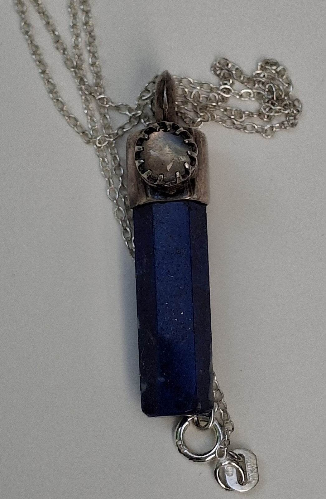 Vintage Sterling Silver Deep Blue Lapis Lazuli Point Moonstone Pendant Necklace
