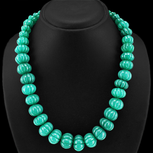 BEST STRIKING RARE 754.50 CTS EARTH MINED GREEN EMERALD CARVED BEADS NECKLACE