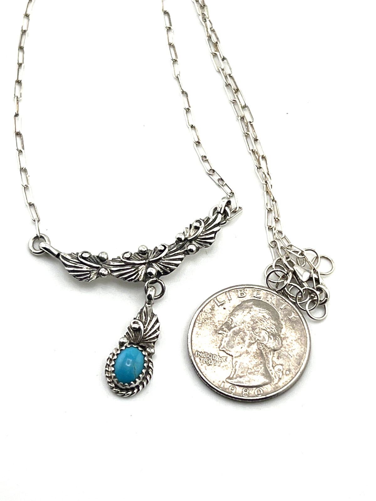 Southwestern Turquoise necklace 925 Sterling silver 18″ dainty lariat