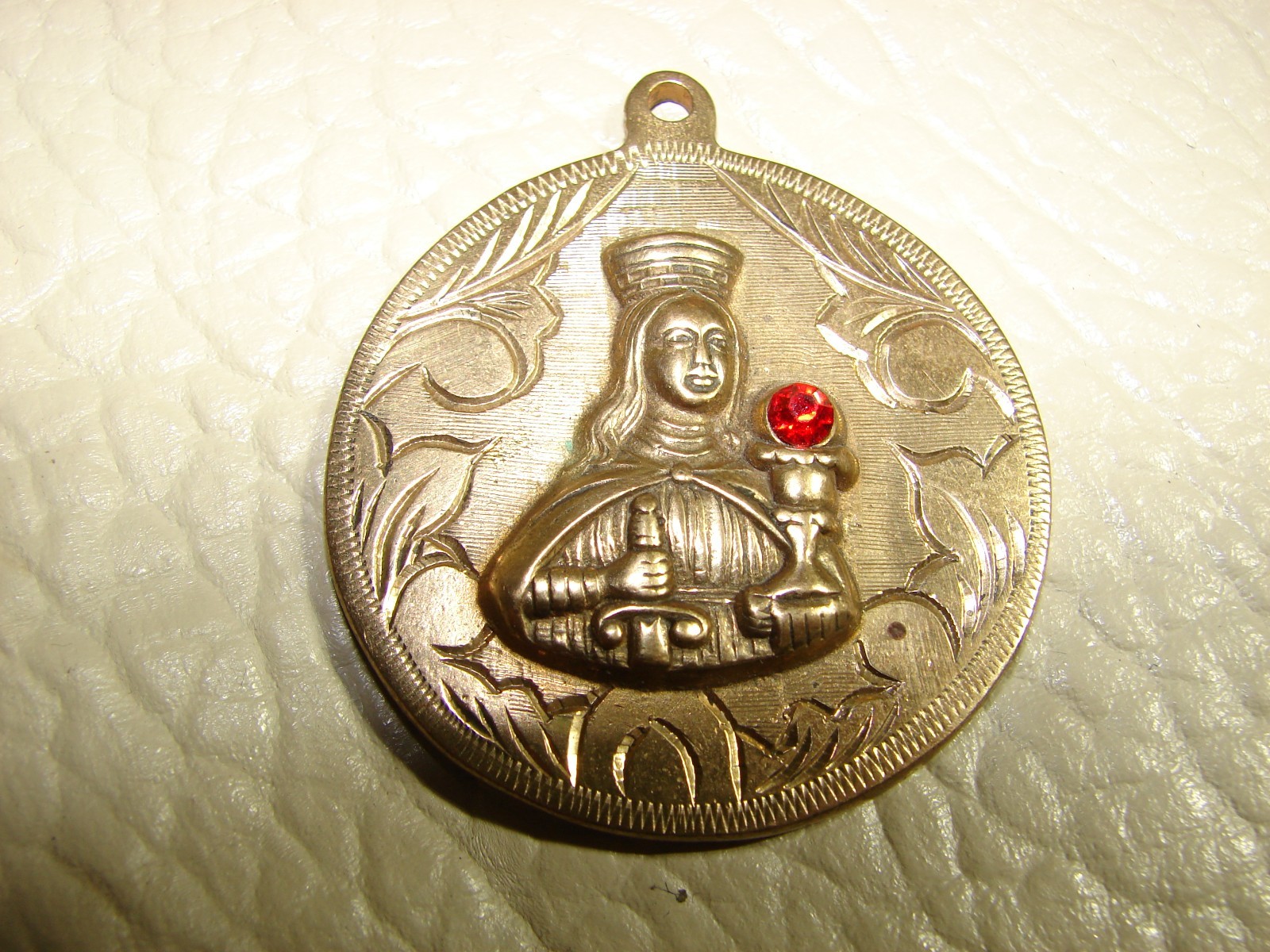 Vtg Copper Brass Saint Barbara Round Pendant w/ Red Ruby, 1 5/8″