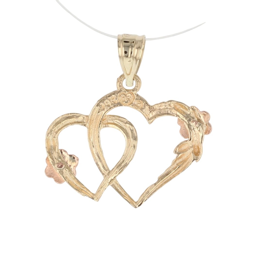 19.5mm Double Heart with Flowers Pendant w/o Chain 14k Multi-Tone Gold .89 Grams