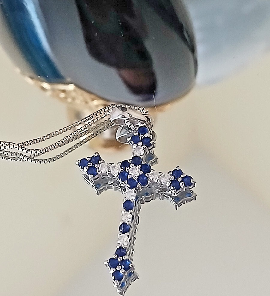 1.20Ct Round Cut Blue Sapphire Cross Pendant 14K White Gold Finish Free Chain