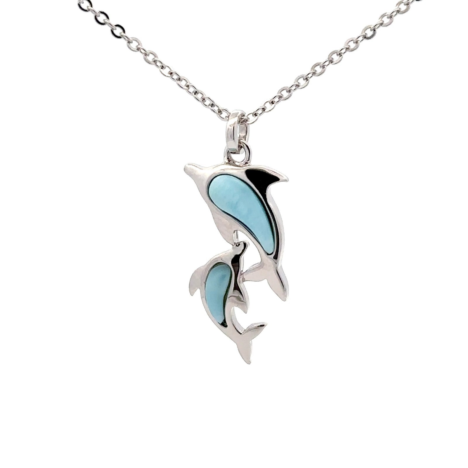 Sterling Silver Larimar Dolphin Necklace (13 x 30 mm)–Chain 18+1 Inch
