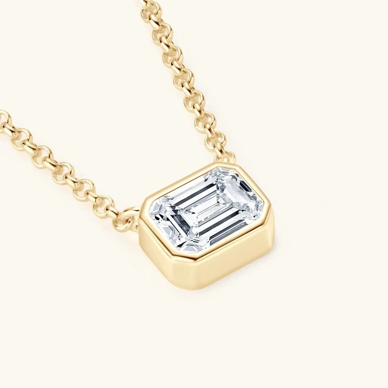 1ct Emerald GRA Certified Moissanite Pendant Necklace 14k Gold Plated 925 Silver