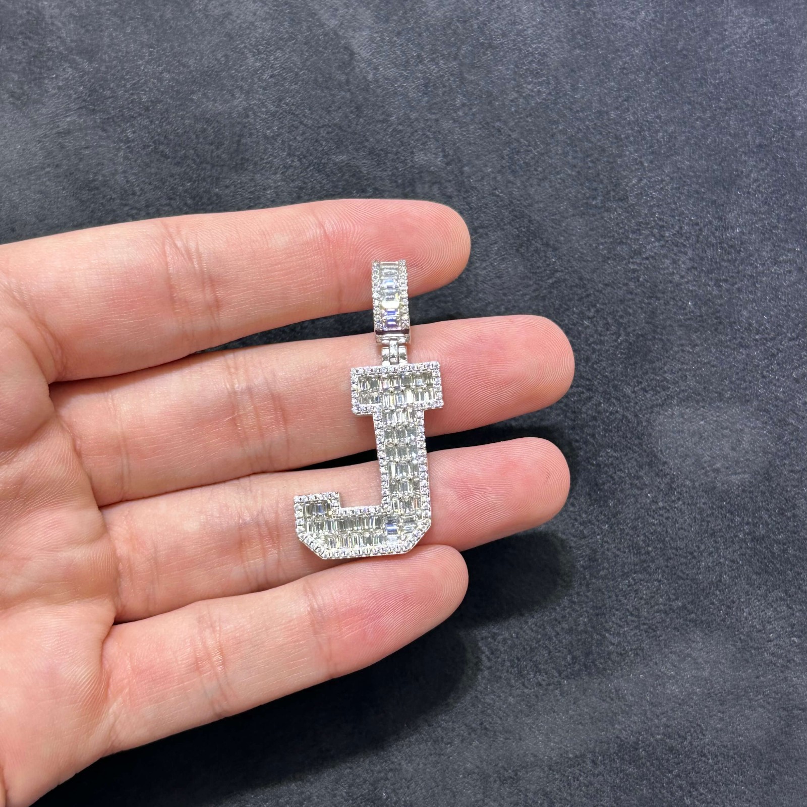 MOISSANITE 925 LAB Baguette Style J initial Letter Charm Pendant for Male Female