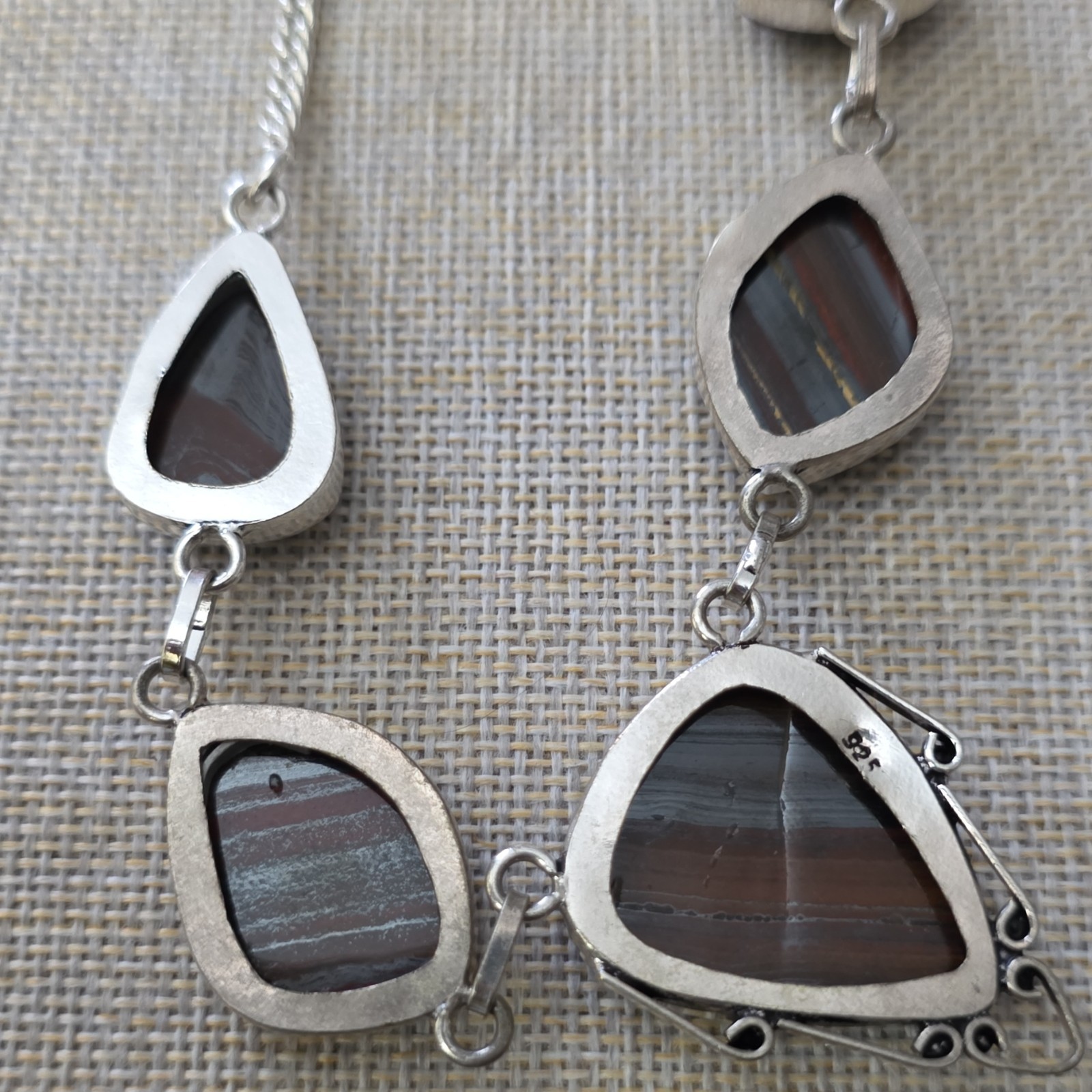 Sterling Silver 925 Necklace Multicolor Stone Bezel Link Snake Chain Hook Signed