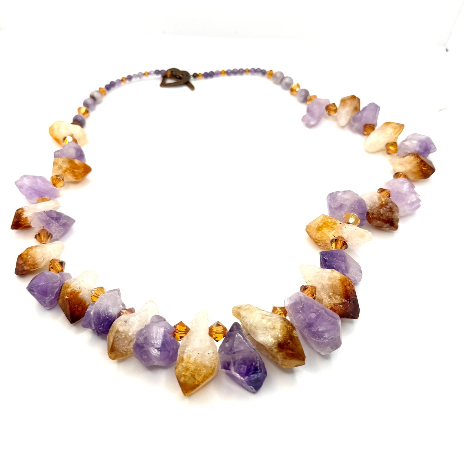 Vintage 90s Raw Amethyst Citrine Large Crystal Copper Heart Toggle Necklace