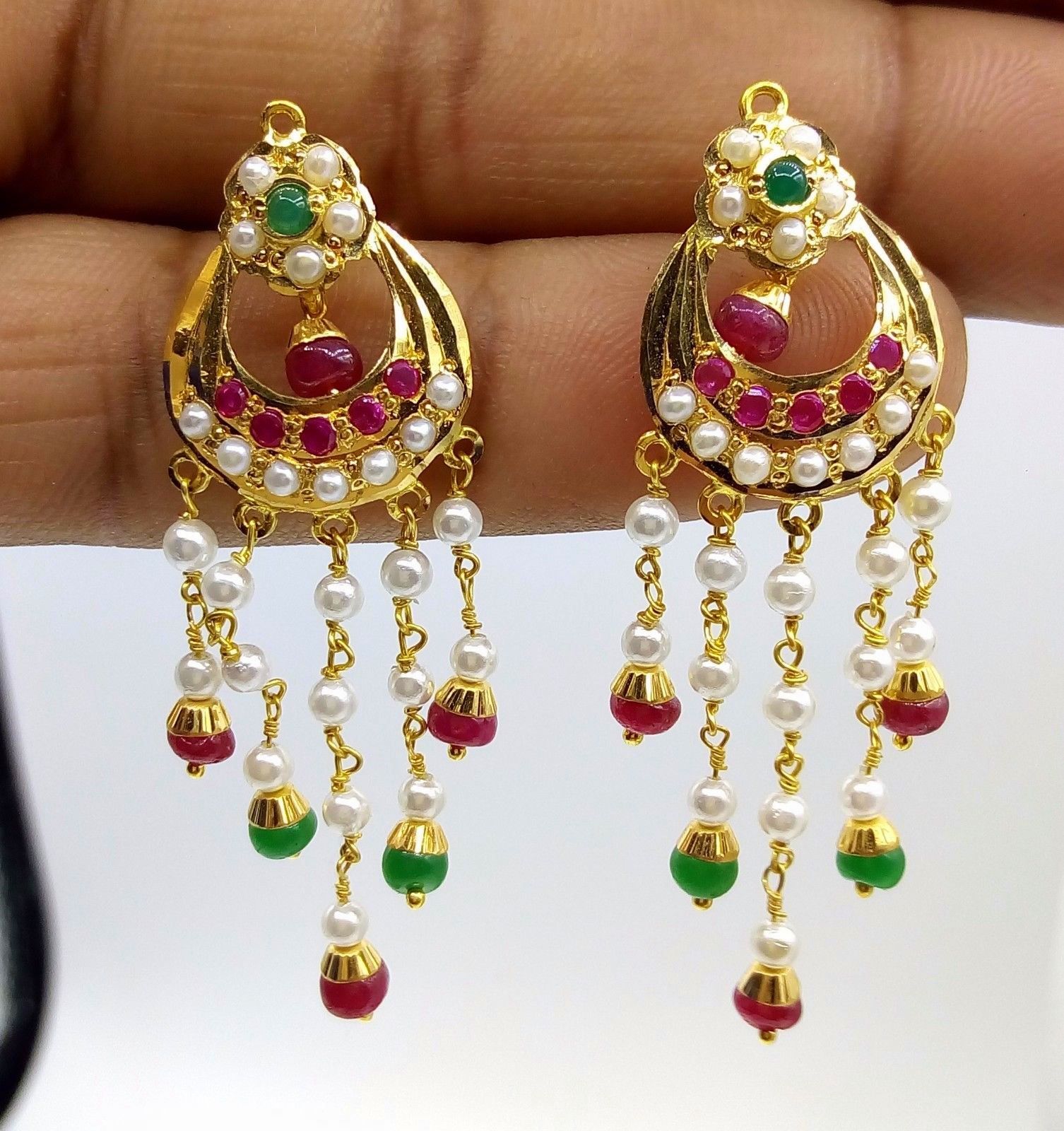 GOLD PENDANT NECKLACE SET WITH EARRING SET RUBY EMERALD BEADED PUNJABI NECKLACE