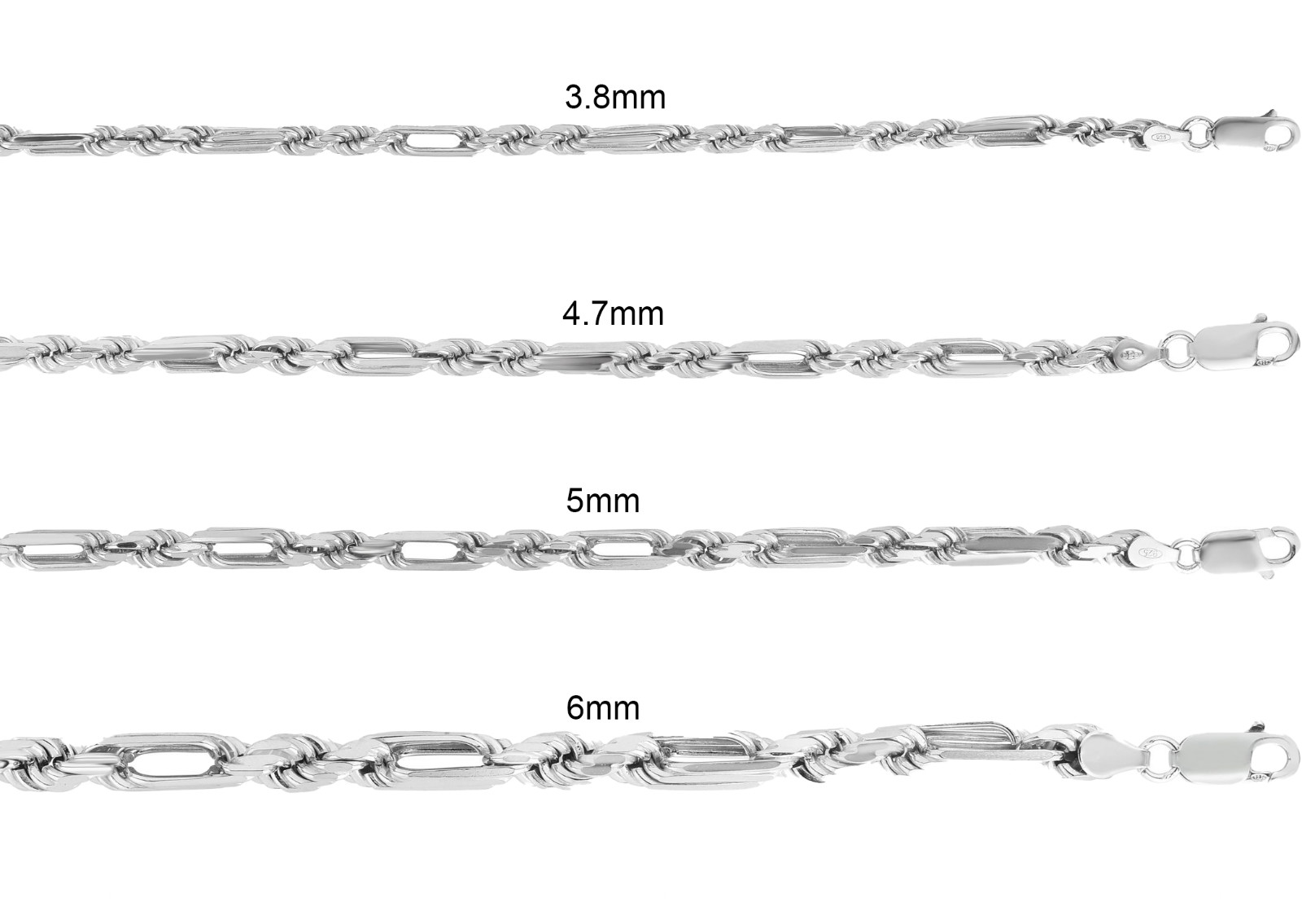 925 Sterling silver Figarope Milano Chain Necklace Mens Womens Rhodium Plated