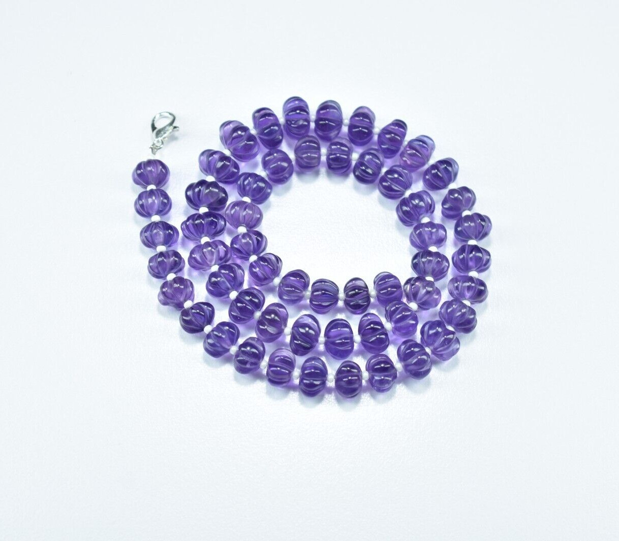 16″ African Amethyst Carved Melon Shape Beaded Necklace Sterling Silver 7.5-10mm