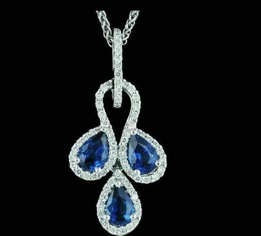 4Ct Pear Cut Blue Sapphire Diamond Cocktail Pendant 14K White Gold Over