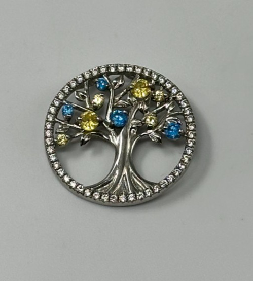 Tree of Life Sterling Silver Pendant 925 Green Blue Stone Round Family