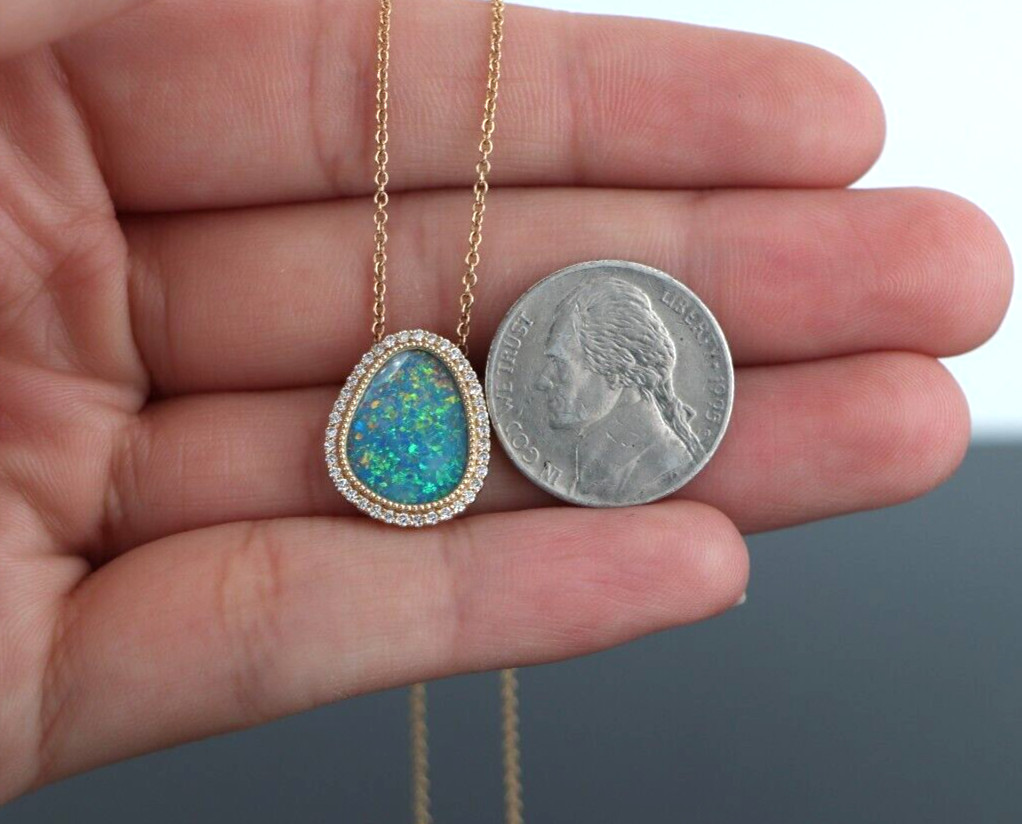14k Yellow Gold 0.20ct Pave Set Diamond Inlaid Opal Beaded Pendant 16” Necklace