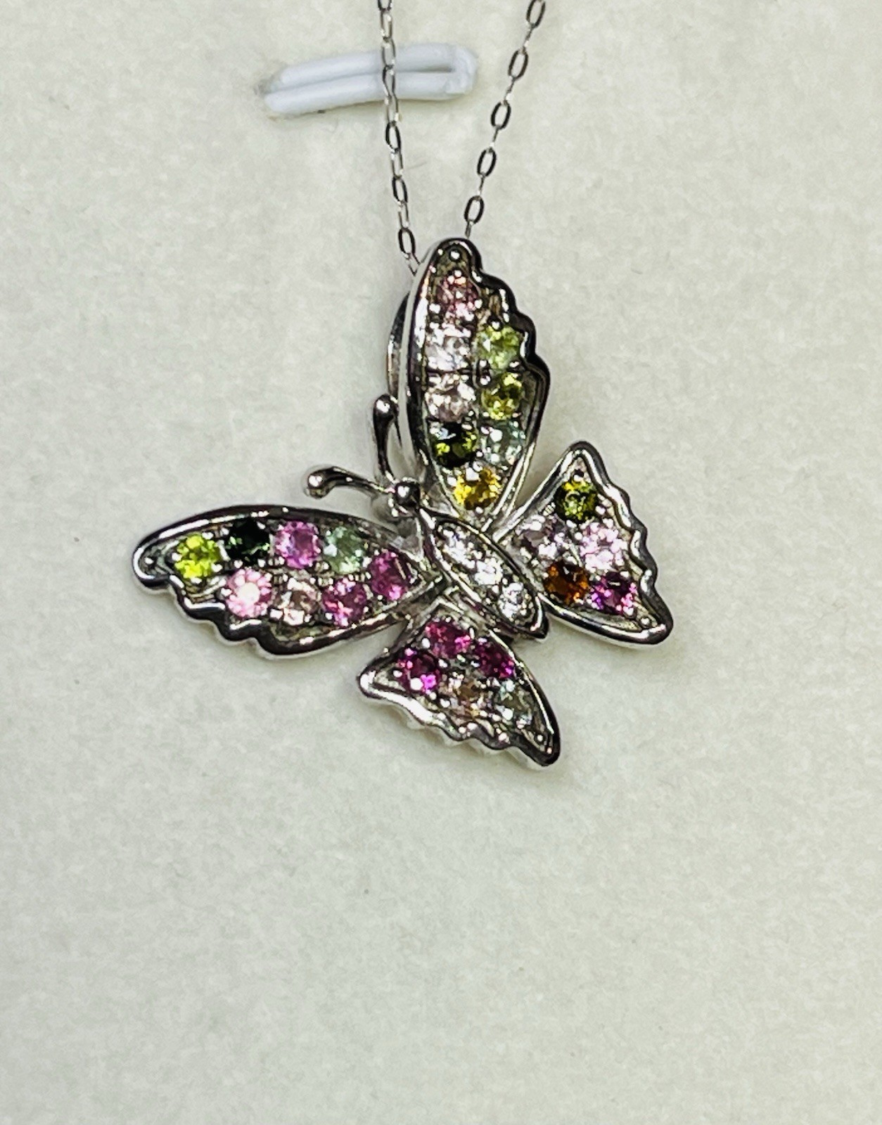 925 Sterling Silver Tourmaline Pink Green Blue Yellow Butterfly Pendant Necklace