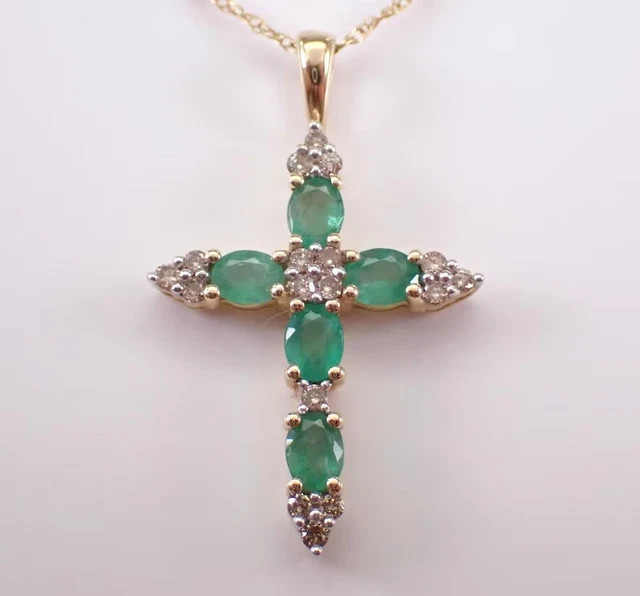 3.20Ct Oval Cut Natural Green Emerald Cross Pendant 14k Yellow Gold Plated 18”