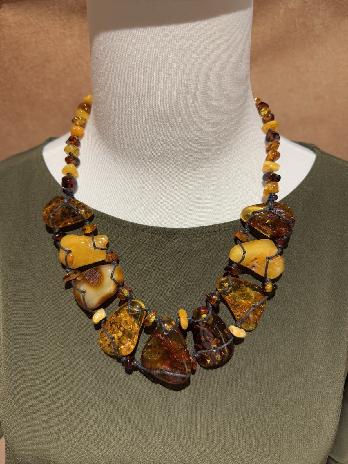 OOAK Natural Baltic Amber Statement Necklace Handmade Freeform Slab Macrame