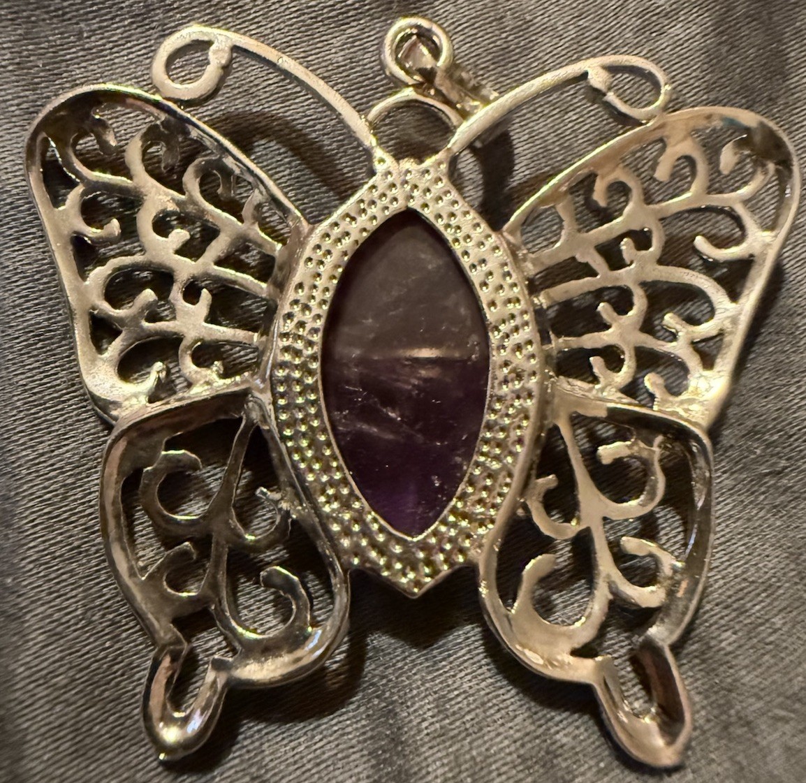 SILVER TONE BUTTERFLY PENDANT METAL WITH REAL AMETHYST STONE