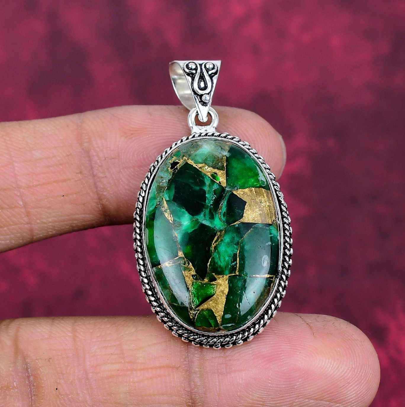 Green Copper Turquoise Gemstone Handmade 925 Sterling Silver Pendant Jewelry