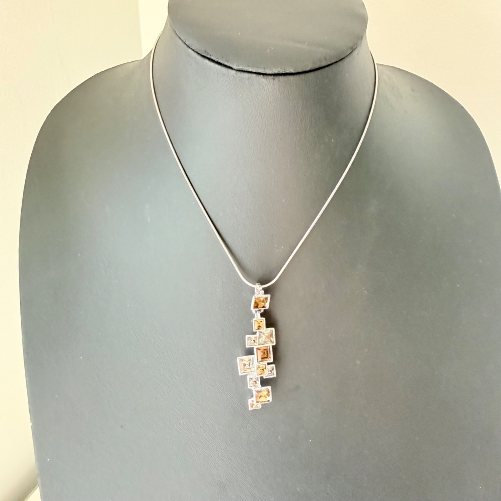 Sterling Silver Snake Chain Necklace Geometric Pendant Square Gemstones Chain