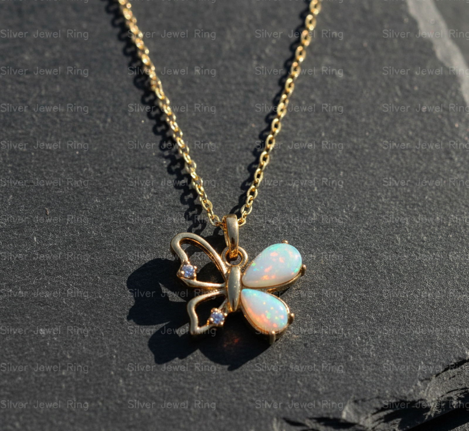 Silver Jewel Ring 925 Sterling Silver White Opal Butterfly Pendant Necklace Her