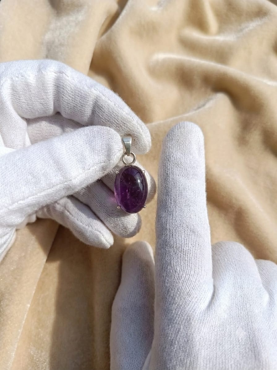 Purple Gemstone Oval Pendant Silver Tone Cabochon Jewelry Gift for Women