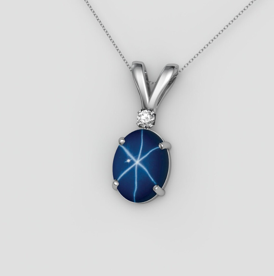 Natural Oval Cut 6 Rays Star Blue Sapphire Gemstone Necklace Sapphire Jewelry