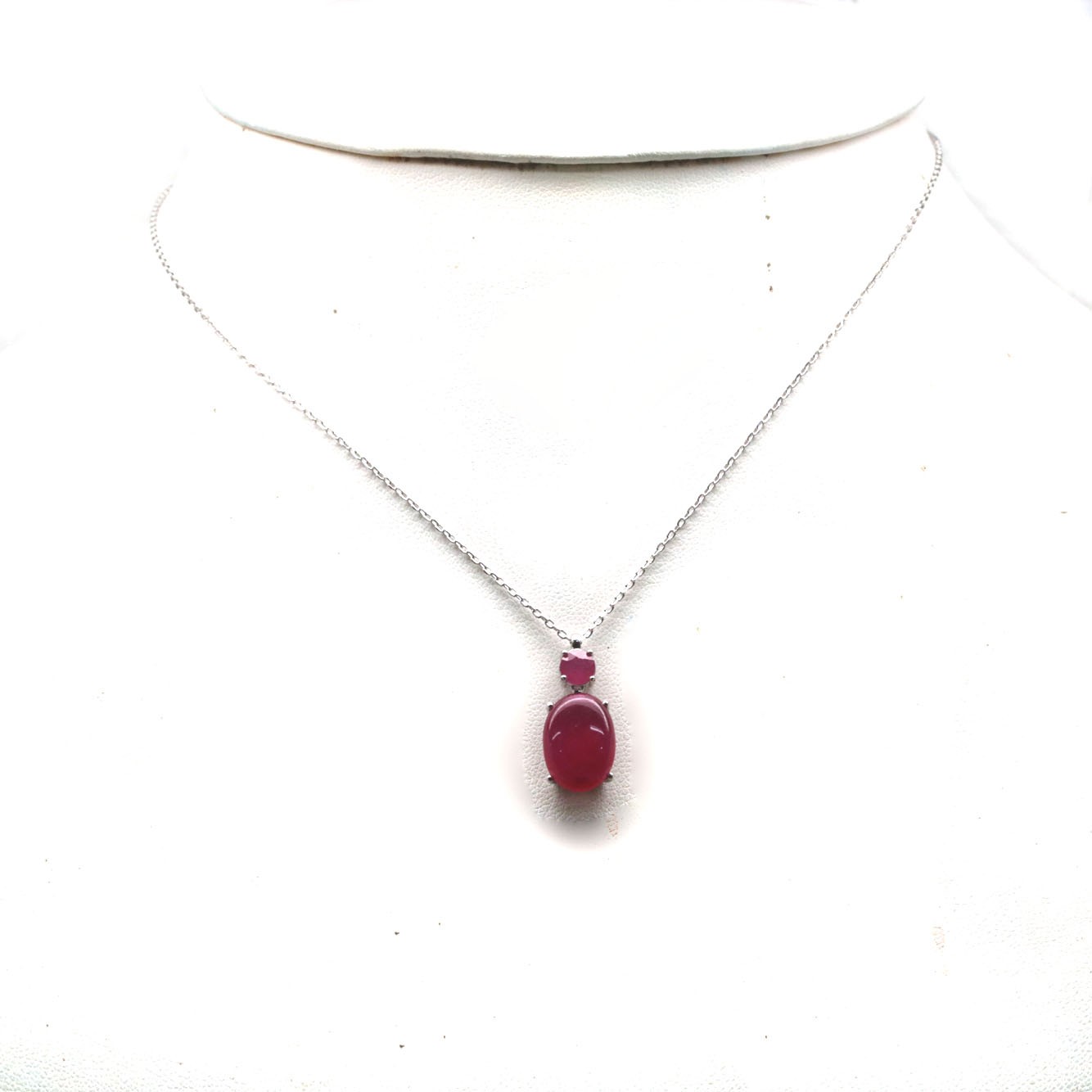 925 Sterling Silver White Gold Plated 9 x 13 mm. Red Ruby Necklace 18.0 In.