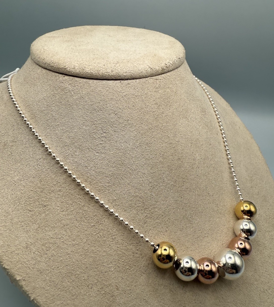 925 Sterling Silver Tri-Color Ball Bead Station Necklace 20” Italy