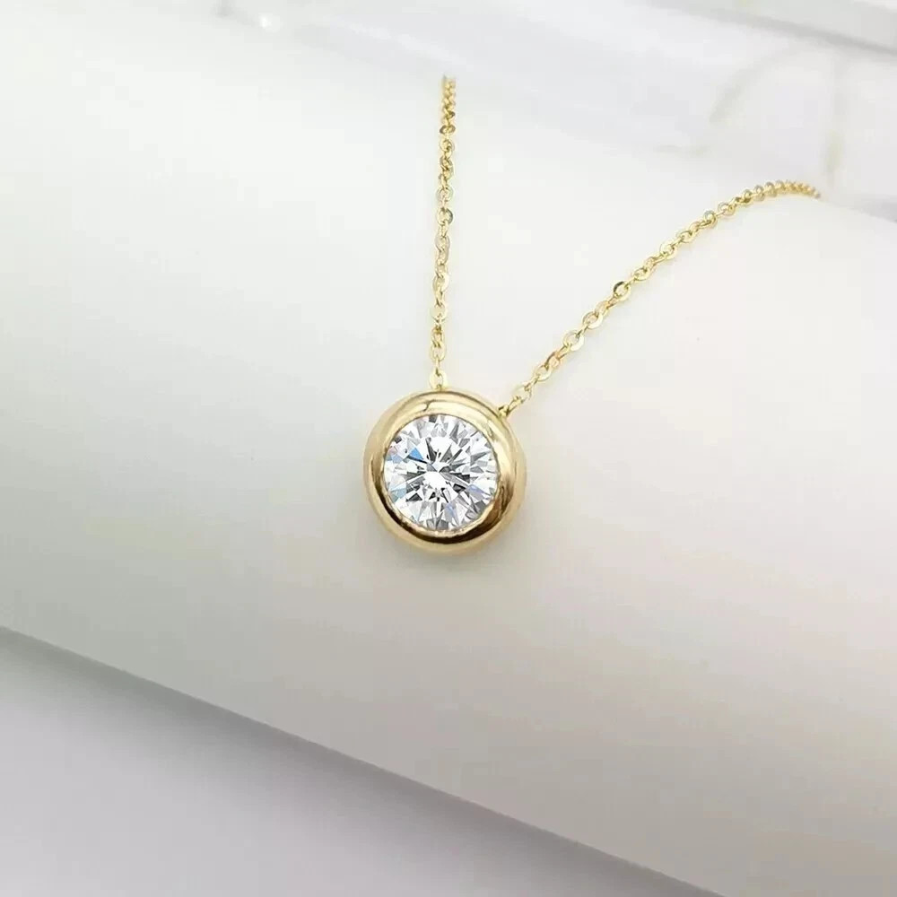 1Ct Round Lab Created Diamond Bezel Solitaire Pendant Solid 14k Yellow Gold Over