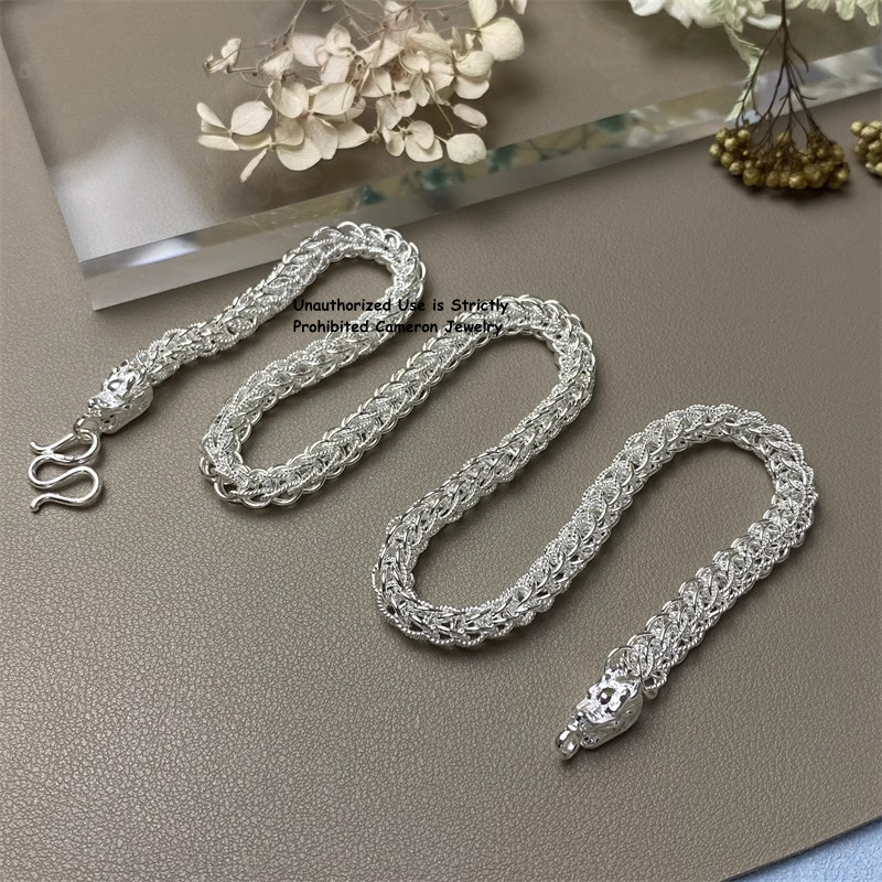 Pure 999 Fine Silver Chain Double Dragon 10mm Wheat Link Necklace 70-71g 23.6in