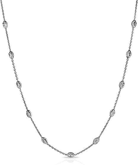 925 Solid Sterling Silver 3MM Diamond Cut Station Oval Moon Bead Necklace Chain