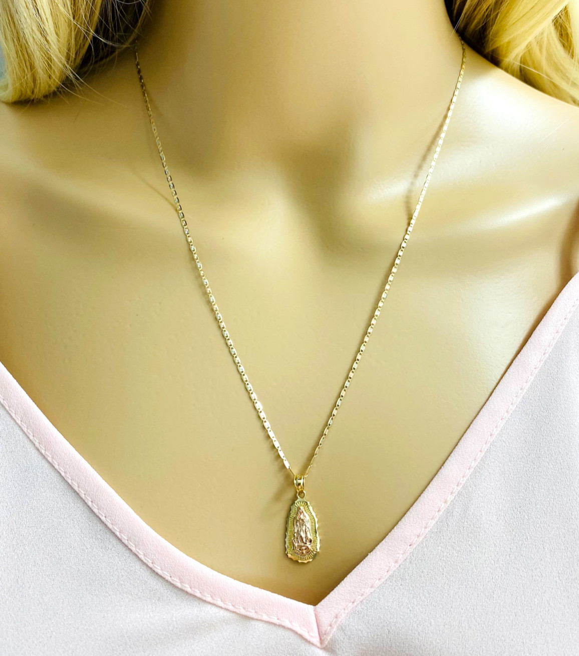 14K Solid Gold Virgin Guadalupe 20″ Necklace/22mm Gold Virgin Mary Charm- PT1084