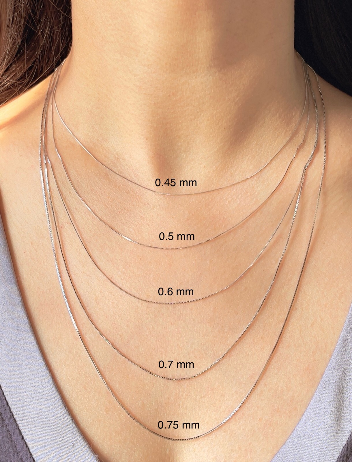 Decomerika 14K White Gold Dainty Solid Box Chain Necklace Sz 0.45-0.75mm 16-24in