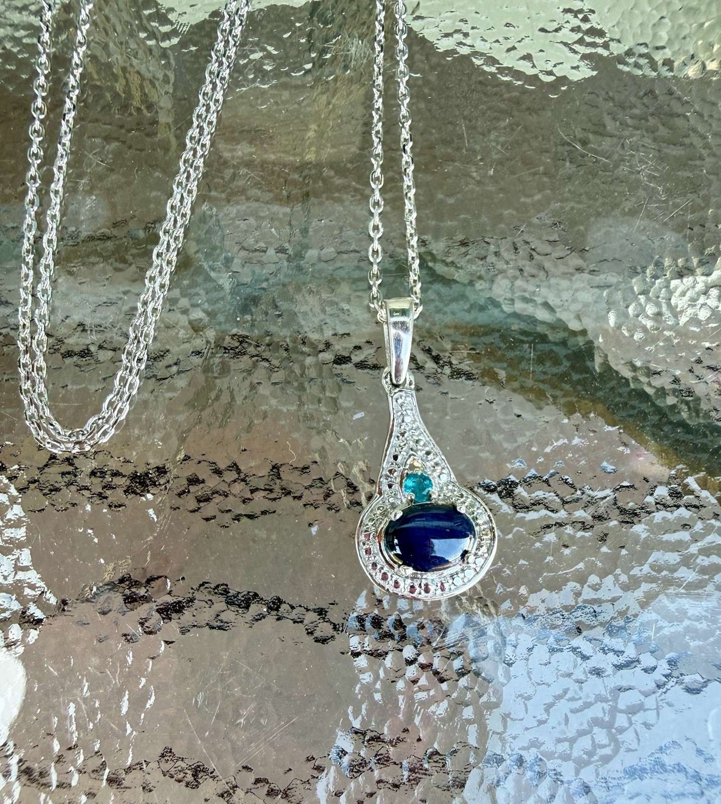 Signed STS 925 Sterling Silver Blue Star Sapphire & Apatite Pendant Necklace 18”